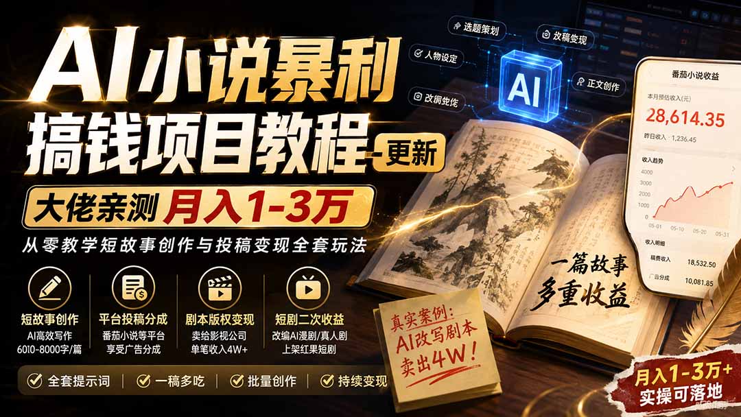 AI小说短故事暴利搞钱项目教程-更新,大佬亲测月入1-3万,从零教学短故事创作与投稿变现全套玩法-极客网创