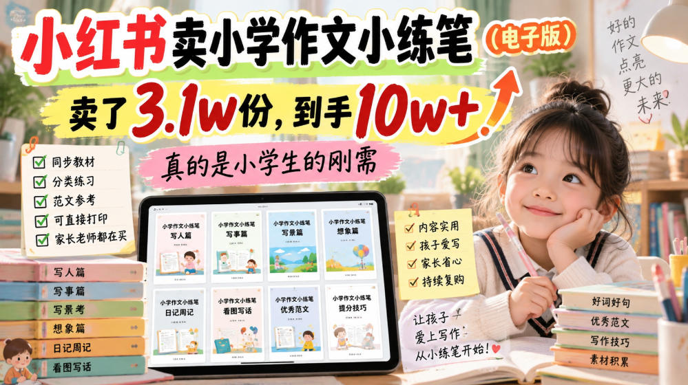小红书卖小学作文小练笔(电子版)，卖了3.1w份，到手10w+，真的是小学生的刚需-极客网创