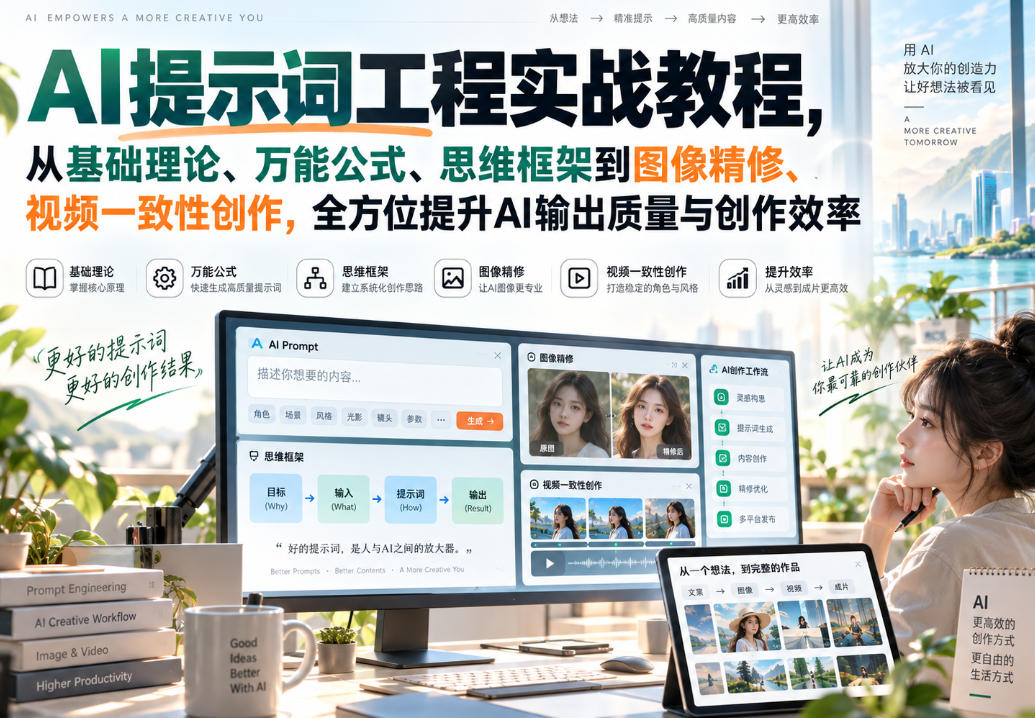AI提示词工程实战教程，从基础理论、万能公式、思维框架到图像精修、视频一致性创作，全方位提升AI输出质量与创作效率-极客网创
