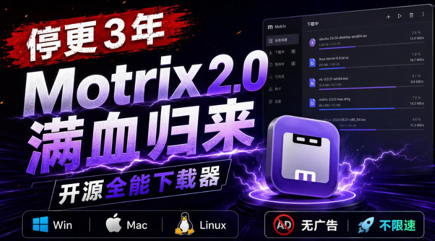 停更3年，Motrix 2.0满血归来：开源全能下载器，Win/Mac/Linux通吃，无广告不限速-极客网创