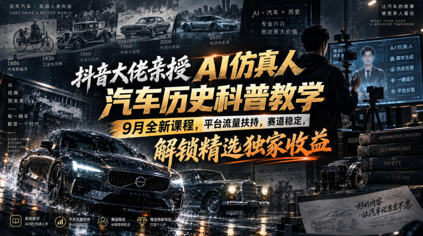 抖音大佬亲授AI仿真人汽车历史科普教学,9月全新课程,平台流量扶持,赛道稳定,解锁精选独家收益-极客网创
