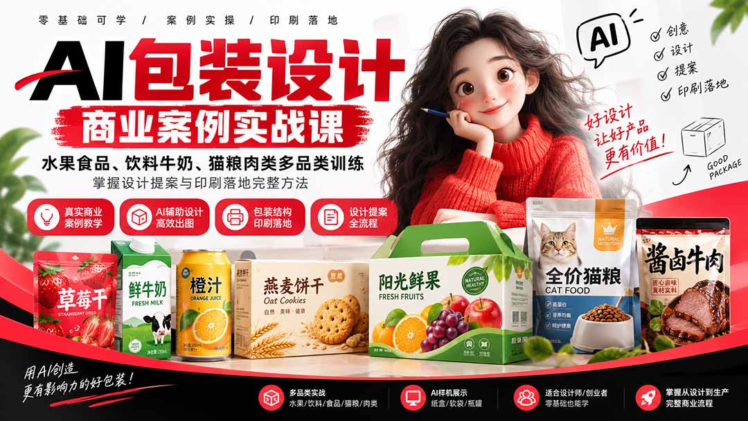 AI包装设计商业案例实战课:水果食品、饮料牛奶、猫粮肉类多品类训练,掌握设计提案与印刷落地完整方法-极客网创