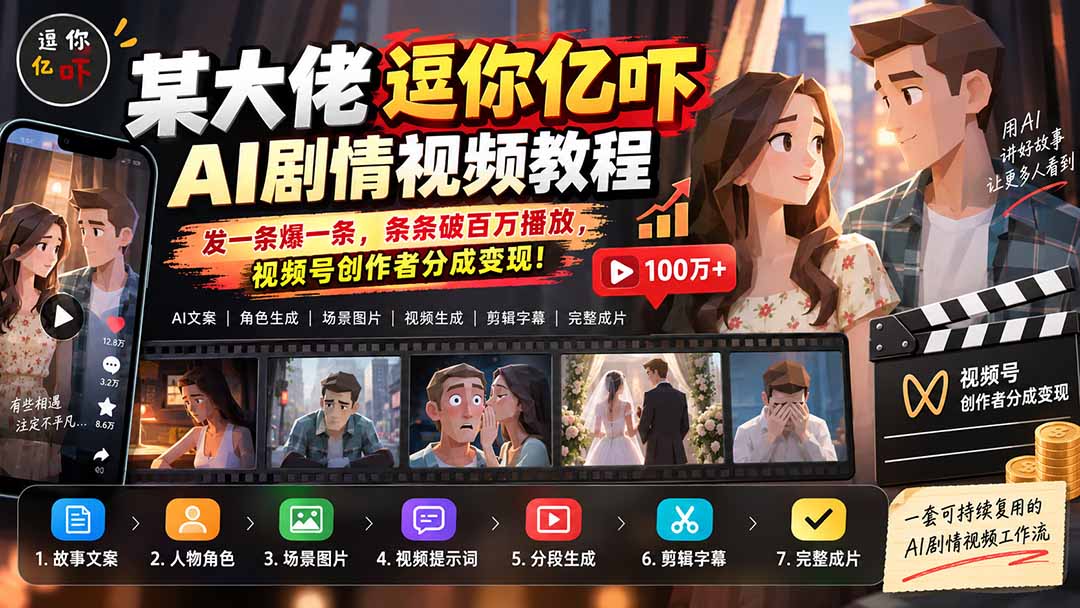 某大佬逗你亿吓AI低模剧情视频制作教程:发一条爆一条,条条破百万播放,利用视频号创作者分成变现!-极客网创