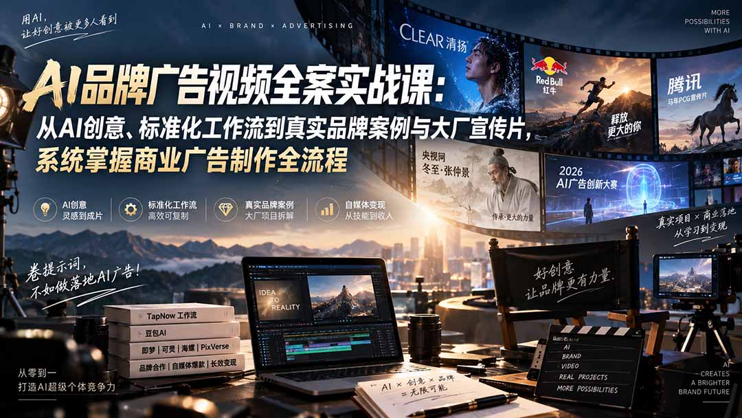 AI品牌广告视频全案实战课：从AI创意、标准化工作流到真实品牌案例与大厂宣传片，系统掌握商业广告制作全流程-极客网创
