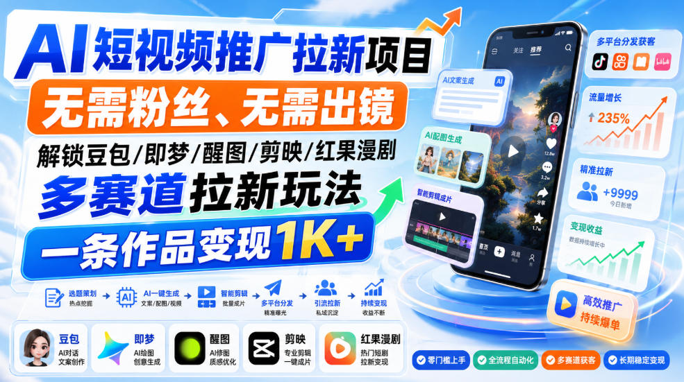 AI短视频推广拉新项目,无需粉丝、无需出镜,解锁豆包/即梦/醒图/剪映/红果漫剧多赛道拉新玩法,一条作品变现1K+(更新0910)-极客网创