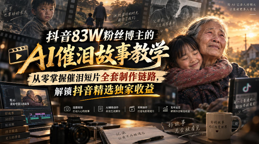 抖音83W粉丝博主的AI催泪故事教学，从零掌握催泪短片全套制作链路，解锁抖音精选独家收益-极客网创