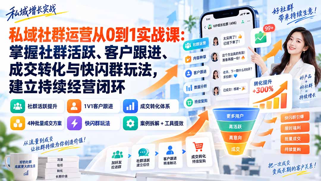 私域社群运营从0到1实战课:掌握社群活跃、客户跟进、成交转化与快闪群玩法,建立持续经营闭环-极客网创