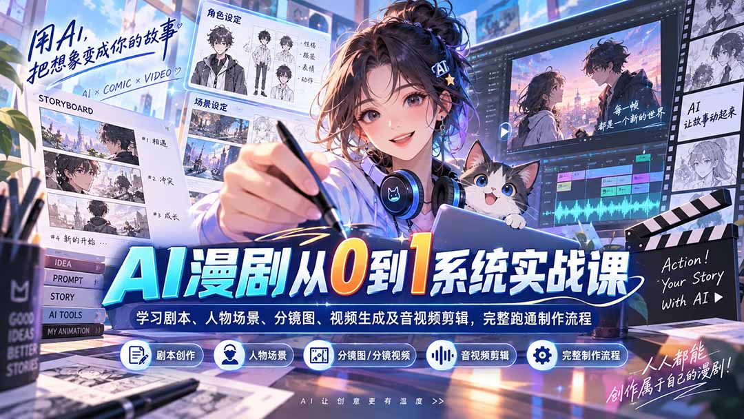 AI漫剧从0到1系统实战课:学习剧本、人物场景、分镜图、视频生成及音视频剪辑,完整跑通制作流程-极客网创