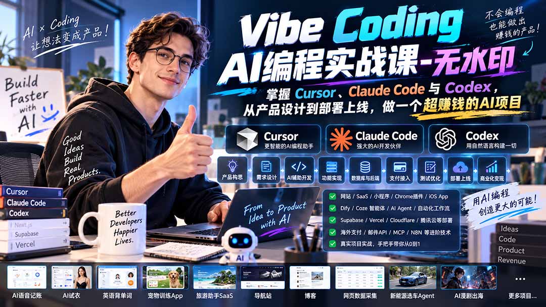 Vibe Coding AI编程实战课-无水印：掌握Cursor、Claude Code与Codex，从产品设计到部署上线，做一个超赚钱的AI项目-极客网创