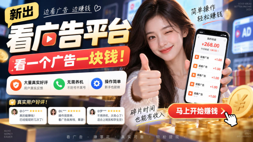 新出看广告平台,看一个广告一块钱,大量真实好评!无需养机、不会黑号,操作简单【揭秘】-极客网创