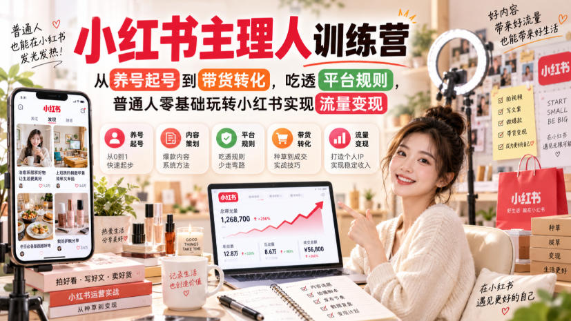 小红书主理人训练营,从养号起号到带货转化,吃透平台规则,普通人零基础玩转小红书实现流量变现-极客网创