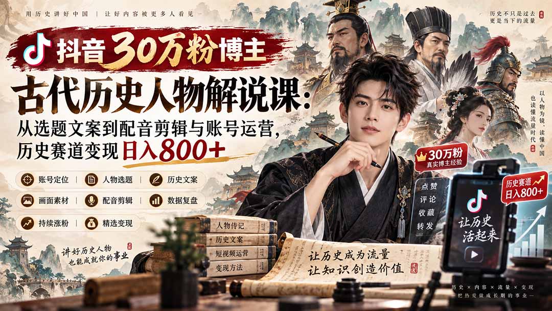 抖音30万粉博主古代历史人物解说课:从选题文案到配音剪辑与账号运营,历史赛道变现日入800+-极客网创
