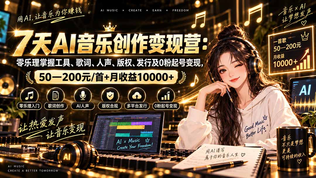 AI音乐创作变现营:零乐理掌握工具、歌词、人声、版权、发行及0粉起号变现,50—200元/首+月收益10000+-极客网创
