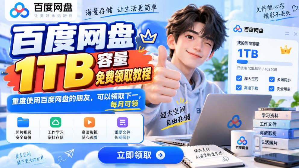百度网盘1TB容量免费领取教程，重度使用百度网盘的朋友，可以领取下一，每月可领-极客网创