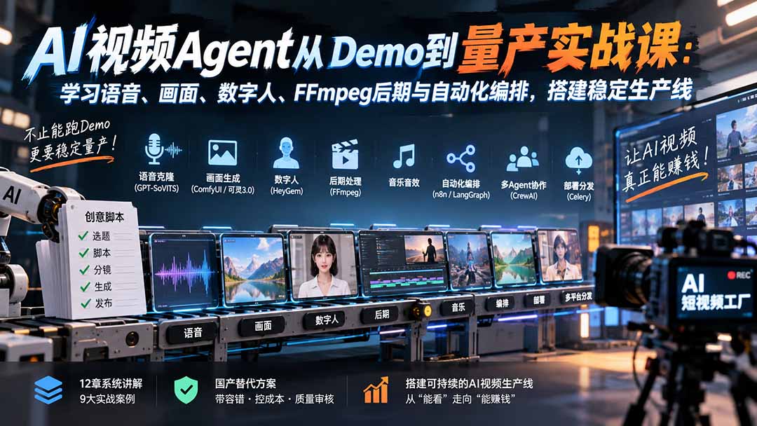 AI视频Agent从Demo到量产实战课:学习语音、画面、数字人、FFmpeg后期与自动化编排,搭建稳定生产线-极客网创