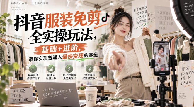 抖音服装免剪全实操玩法，基础+进阶，带你实现普通人最快变现的赛道-极客网创