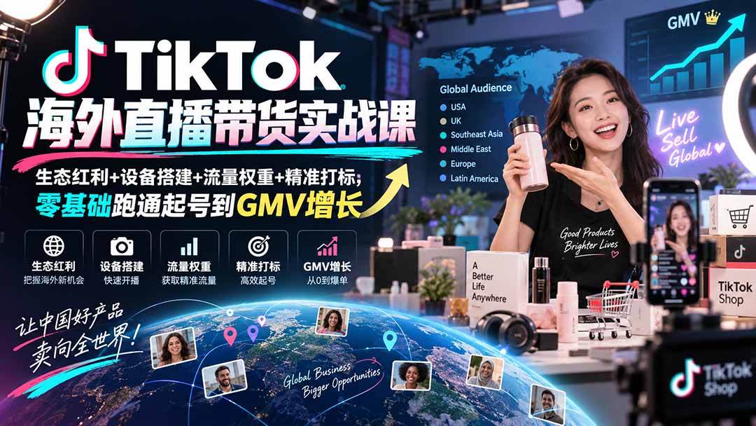 TikTok海外直播带货实战课｜生态红利+设备搭建+流量权重+精准打标，零基础跑通起号到GMV增长-极客网创