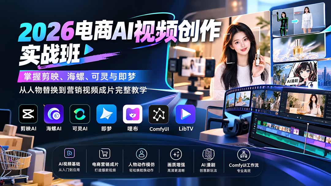 2026电商AI视频创作实战班：掌握剪映、海螺、可灵与即梦，从人物替换到营销视频成片完整教学-极客网创