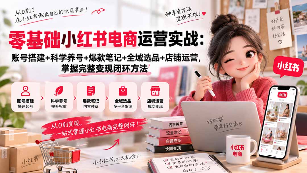 零基础小红书电商运营实战：账号搭建+科学养号+爆款笔记+全域选品+店铺运营，掌握完整变现闭环方法-极客网创