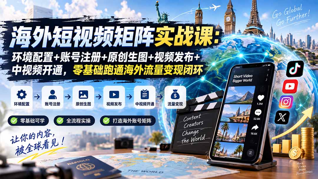 海外短视频矩阵实战课：环境配置+账号注册+原创生图+视频发布+中视频开通，零基础跑通海外流量变现闭环-极客网创