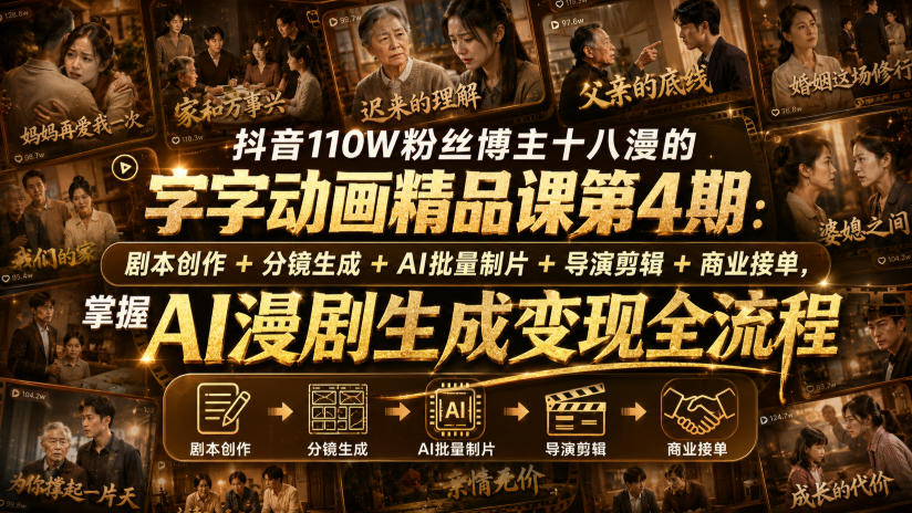抖音110W粉丝博主十八漫的字字动画精品课第4期：剧本创作+分镜生成+剪辑+商业接单，掌握AI漫剧生成变现全流程(更新0916)-极客网创