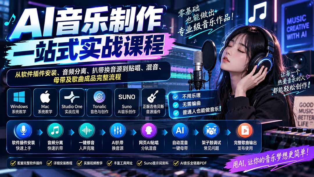 AI音乐制作一站式实战课程：从软件插件安装、音频分离、扒带换音源到贴唱、混音、母带及歌曲成品完整流程-极客网创