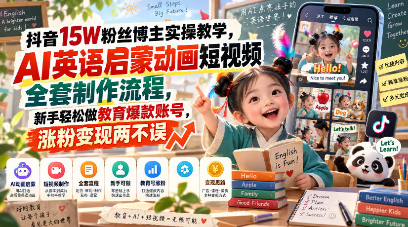 抖音15W粉丝博主实操教学，AI英语启蒙动画短视频全套制作流程，新手轻松做教育爆款账号，涨粉变现两不误-极客网创