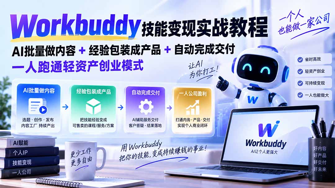 Workbuddy技能变现实战教程：AI批量做内容+经验包装成产品+自动完成交付，一人跑通轻资产创业模式-极客网创