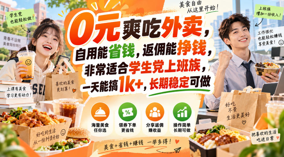 0元爽吃外卖，自用能省钱，返佣能挣钱，非常适合学生党上班族，一天能搞1k+，长期稳定可做-极客网创