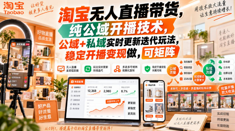 淘宝无人直播带货，纯公域开播技术，公域+私域实时更新迭代玩法，稳定开播变现做，可矩阵【揭秘】-极客网创