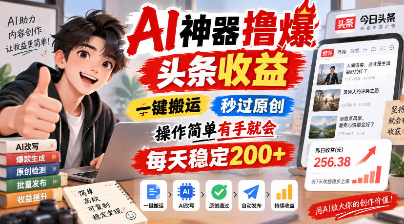 AI神器撸爆头条收益,一键搬运,秒过原创,操作简单有手就会,每天稳定200+【揭秘】-极客网创