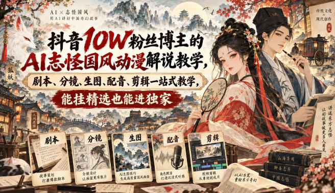 抖音10W粉丝博主满堂诡事的AI志怪国风动漫解说教学，剧本、分镜、生图、配音、剪辑一站式教学，能挂精选也能进独家​-极客网创