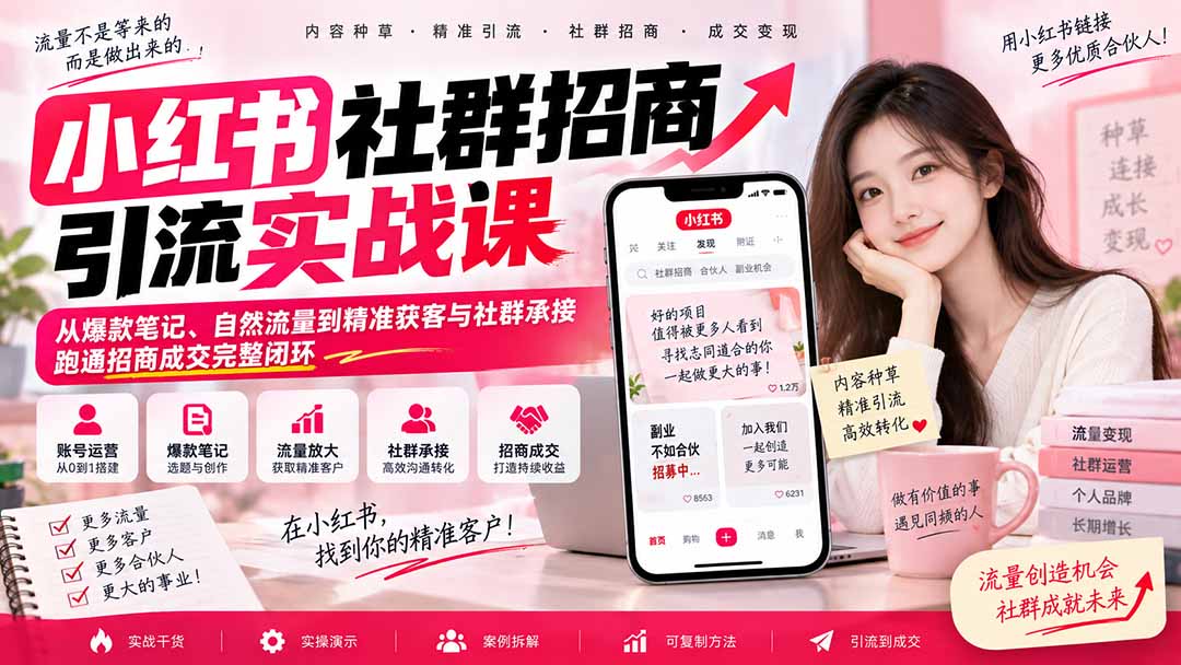 小红书社群招商引流实战课-无水印：从爆款笔记、自然流量到精准获客与社群承接，跑通招商成交完整闭环-极客网创