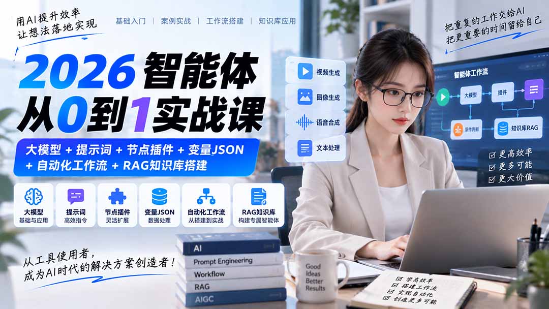 2026智能体从0到1实战课｜大模型+提示词+节点插件+变量JSON+自动化工作流+RAG知识库搭建-极客网创