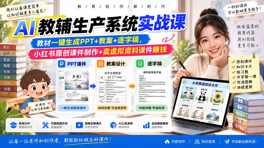 AI教辅生产系统实战课｜教材一键生成PPT+教案+逐字稿，小红书原创课件制作+卖虚拟资料课件赚钱-极客网创