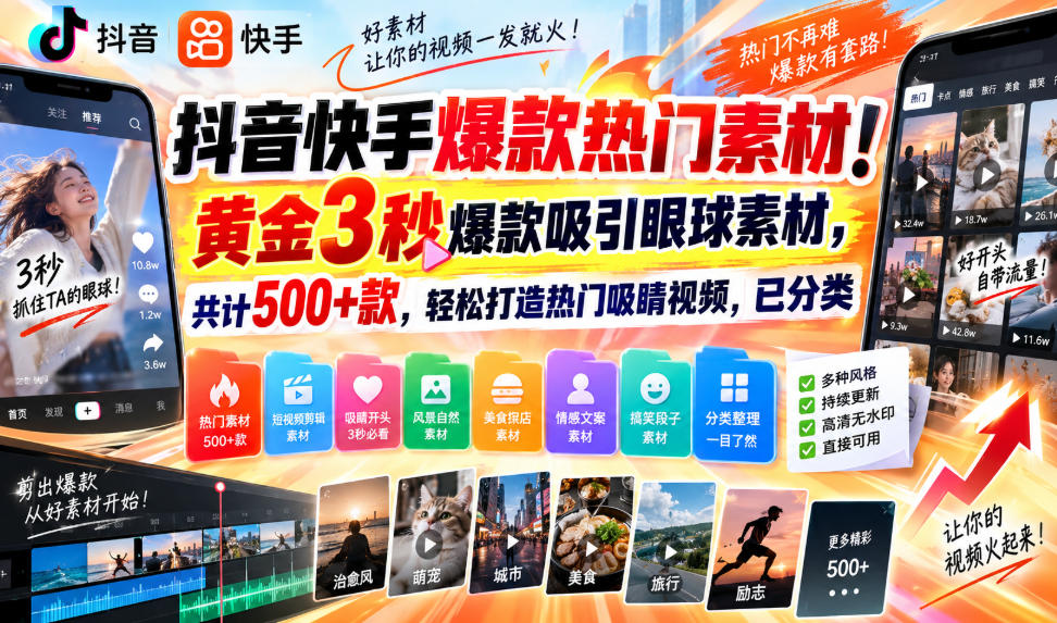 抖音快手爆款热门素材！黄金3秒爆款吸引眼球素材，共计500+款，轻松打造热门吸睛视频，已分类-极客网创
