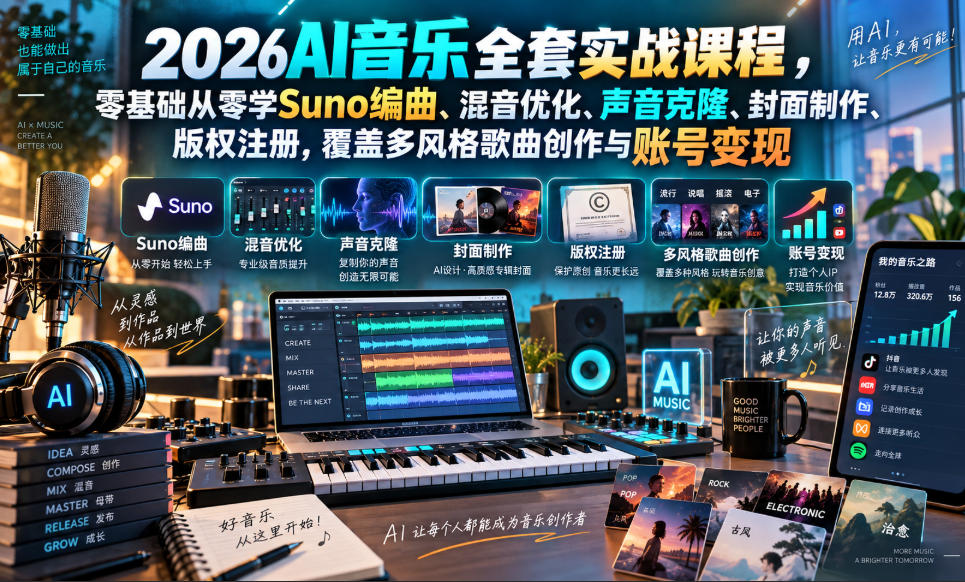 2026AI音乐实战课程，零基础从零学Suno编曲、混音优化、声音克隆、版权注册，覆盖多风格歌曲创作与账号变现-极客网创