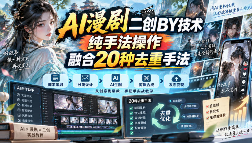 AI漫剧二创搬运技术，纯手法操作，融合20种去重手法-极客网创