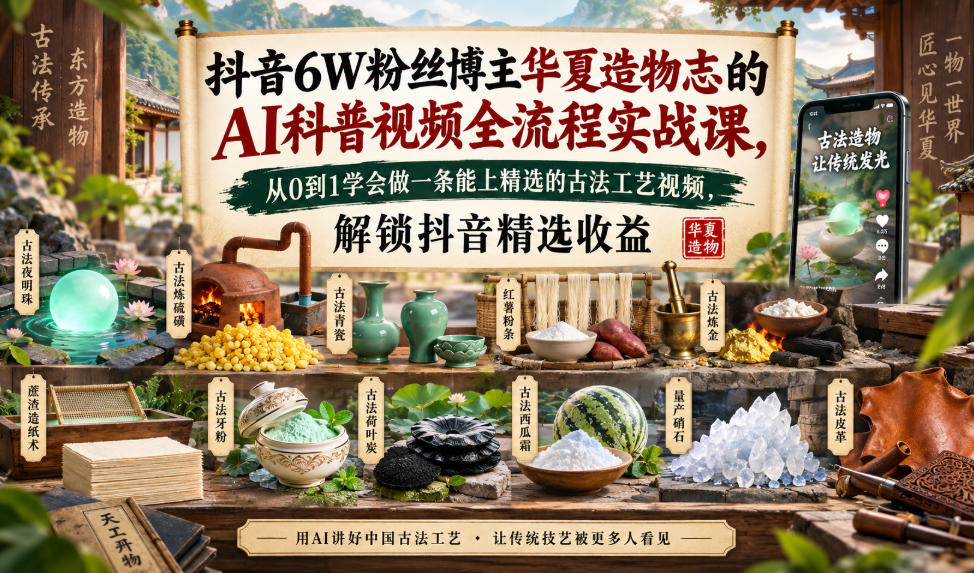 抖音6W粉丝博主华夏造物志的AI科普视频全流程实战课，从0到1学会做一条能上精选的古法工艺视频，解锁抖音精选收益-极客网创