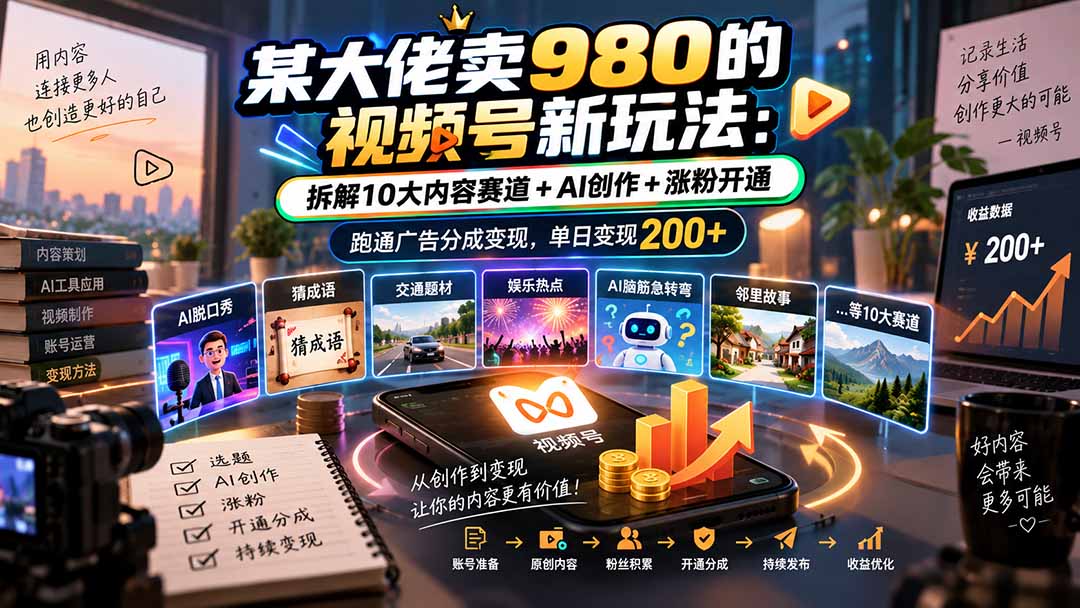 某大佬卖980的视频号新玩法：拆解10大内容赛道+AI创作+涨粉开通，跑通广告分成变现，单日变现200+-极客网创