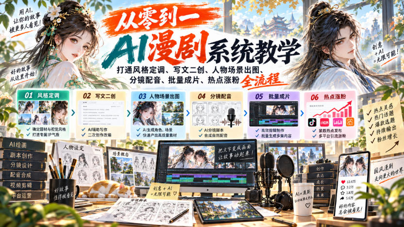从零到一AI漫剧系统教学，打通风格定调、写文二创、人物场景出图、分镜配音、批量成片、热点涨粉全流程-极客网创