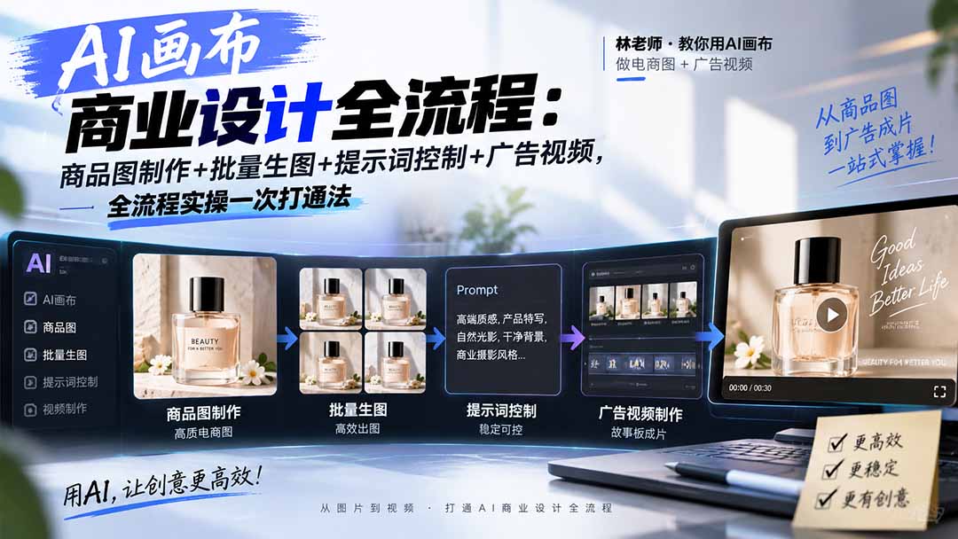AI画布商业设计全流程：商品图制作+批量生图+提示词控制+广告视频，全流程实操一次打通法-极客网创