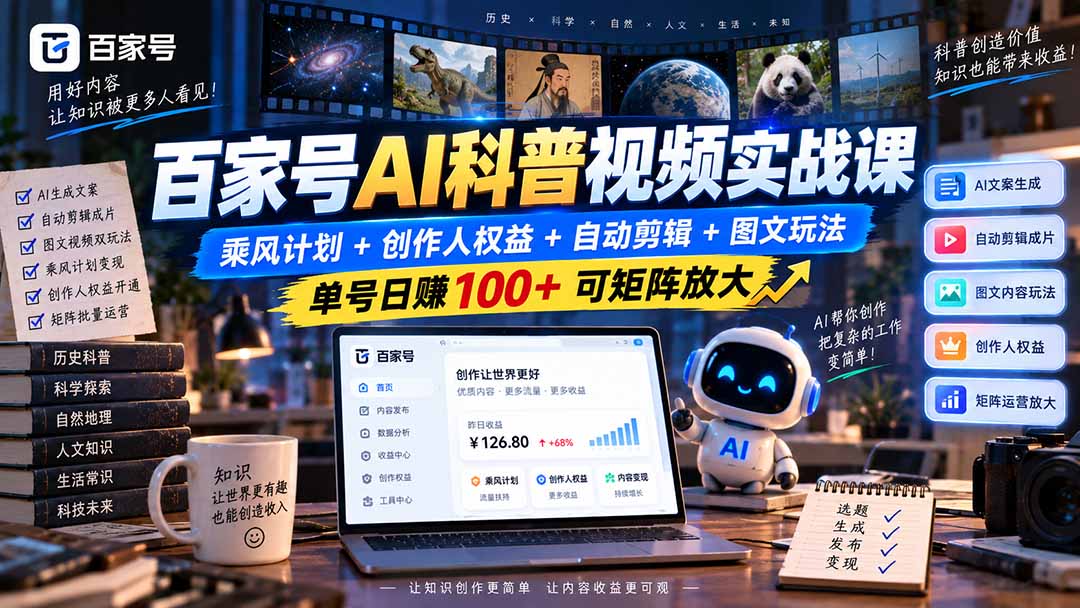 百家号AI科普视频实战课：乘风计划+创作人权益+自动剪辑+图文玩法，单号日赚100+可矩阵放大-极客网创