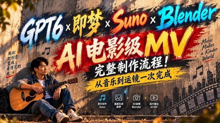GPT6×即梦×Suno×Blender｜AI电影级MV完整制作流程！从音乐到运镜一次完成！-极客网创