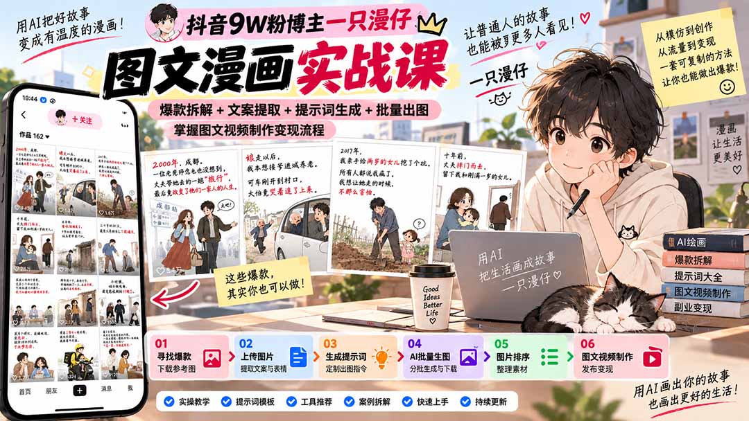 抖音9W粉博主一只漫仔图文漫画课：爆款拆解+文案提取+提示词生成+批量出图，掌握图文视频制作变现流程-极客网创