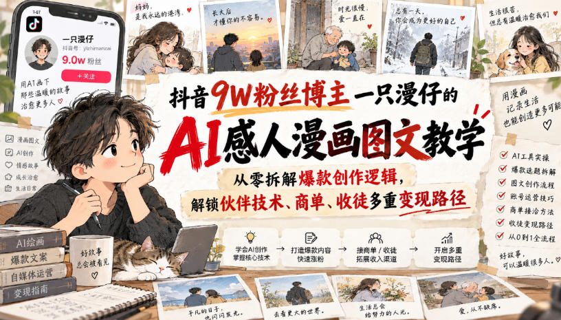 抖音9W粉丝博主一只漫仔的AI感人漫画图文教学，从零拆解爆款创作逻辑，解锁伙伴技术、商单、收徒多重变现路径-极客网创