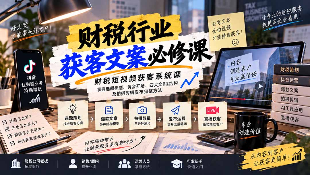 财税短视频获客系统课：掌握选题标题、黄金开场、四大文案结构及拍摄剪辑发布完整方法-极客网创