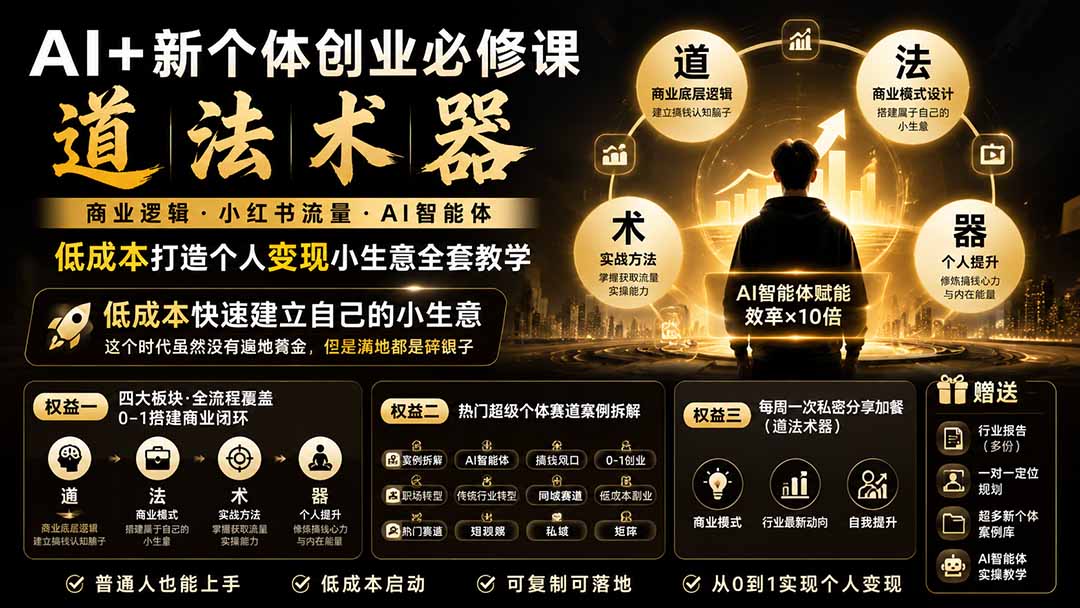 AI+新个体创业必修课-更新0922｜道法术器｜商业逻辑·小红书流量·AI智能体｜低成本打造个人变现小生意全套教学-极客网创