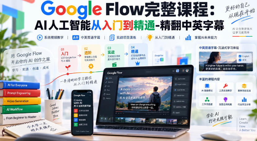 【无水印】Google Flow完整课程：AI人工智能从入门到精通-精翻中英字幕-极客网创