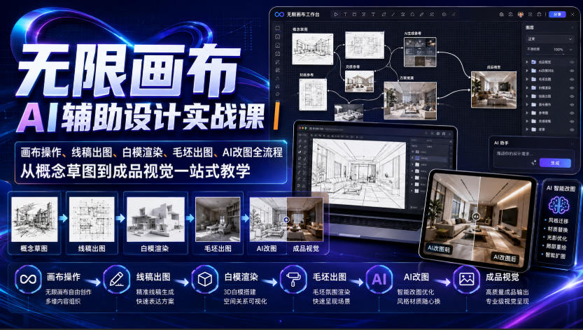 无限画布AI辅助设计实战课｜画布操作、线稿出图、白模渲染、毛坯出图、AI改图全流程，从概念草图到成品视觉一站式教学(更新0923)-极客网创